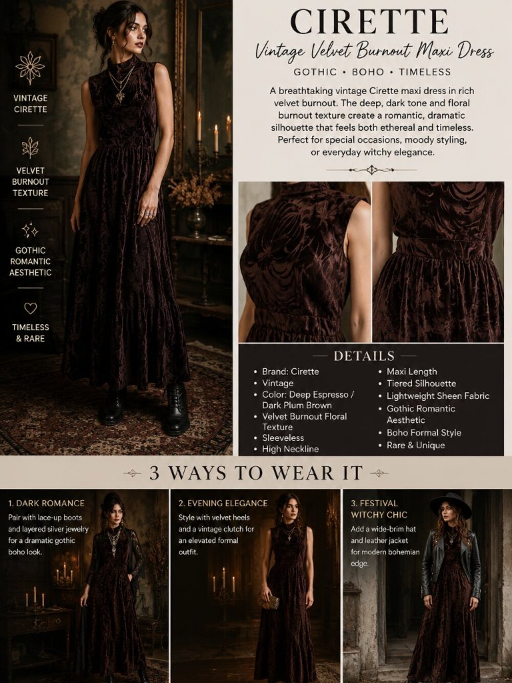 Womens Vintage Dress Maxi Velvet Burnout Sleeveless Boho Tiered Gothic Formal